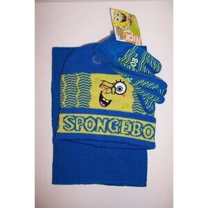 SPONGEBOB SQUAREPANTS Blue/Yellow Warm KNIT HAT Beanie GLOVES & SCARF SET NEW